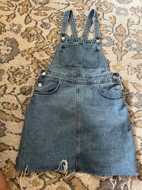 ZARA Denim Overall Skirt with Frayed Hem - Blue